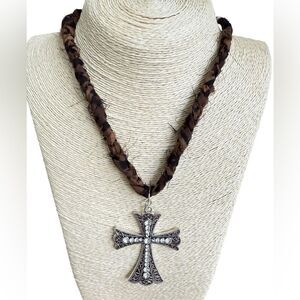 Bandana Necklace Cross Charm Leopard Print Braided